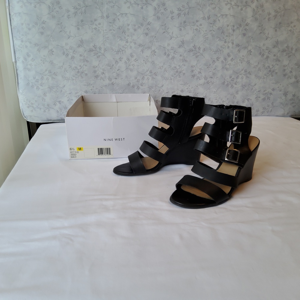 Nine West Wedge Black sandal w/ 3.5 inch heel